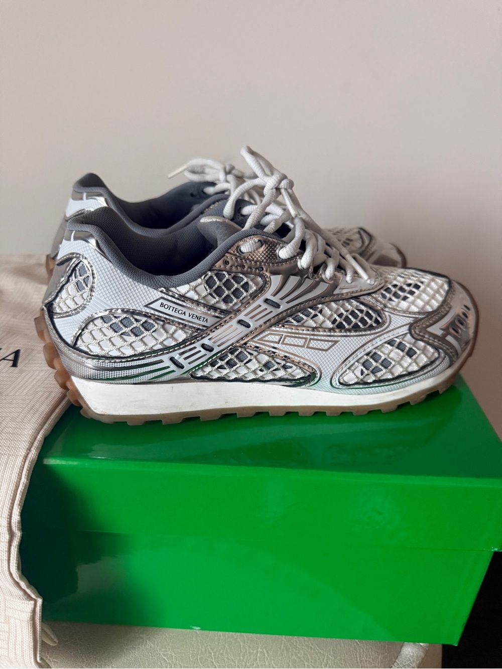 Bottega Veneta White Silver Mesh Low-Top Sneakers